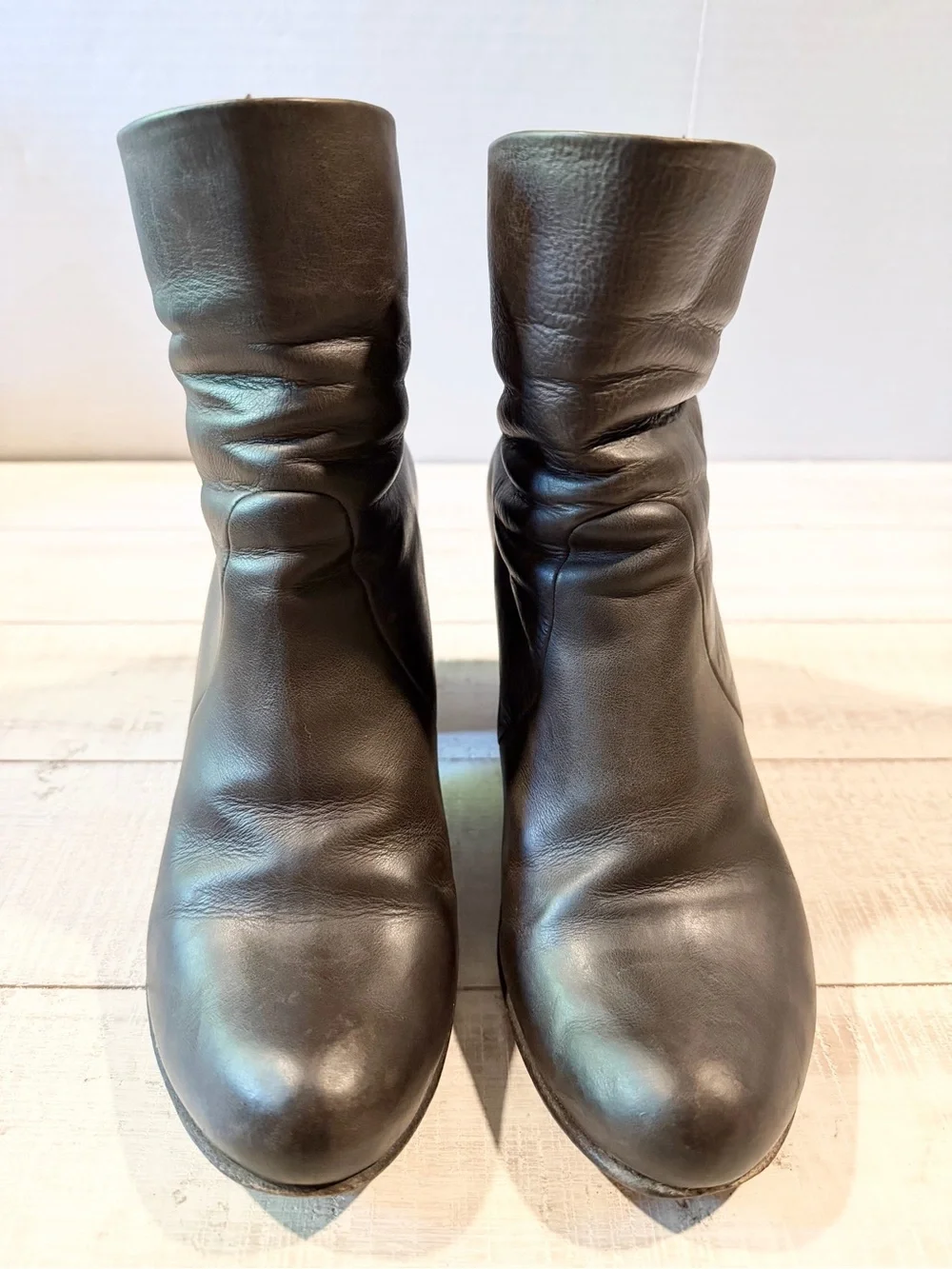 Coclico Brown Leather Slouch Ankle Boots Wood Block Heel EU 39.5 Distressed